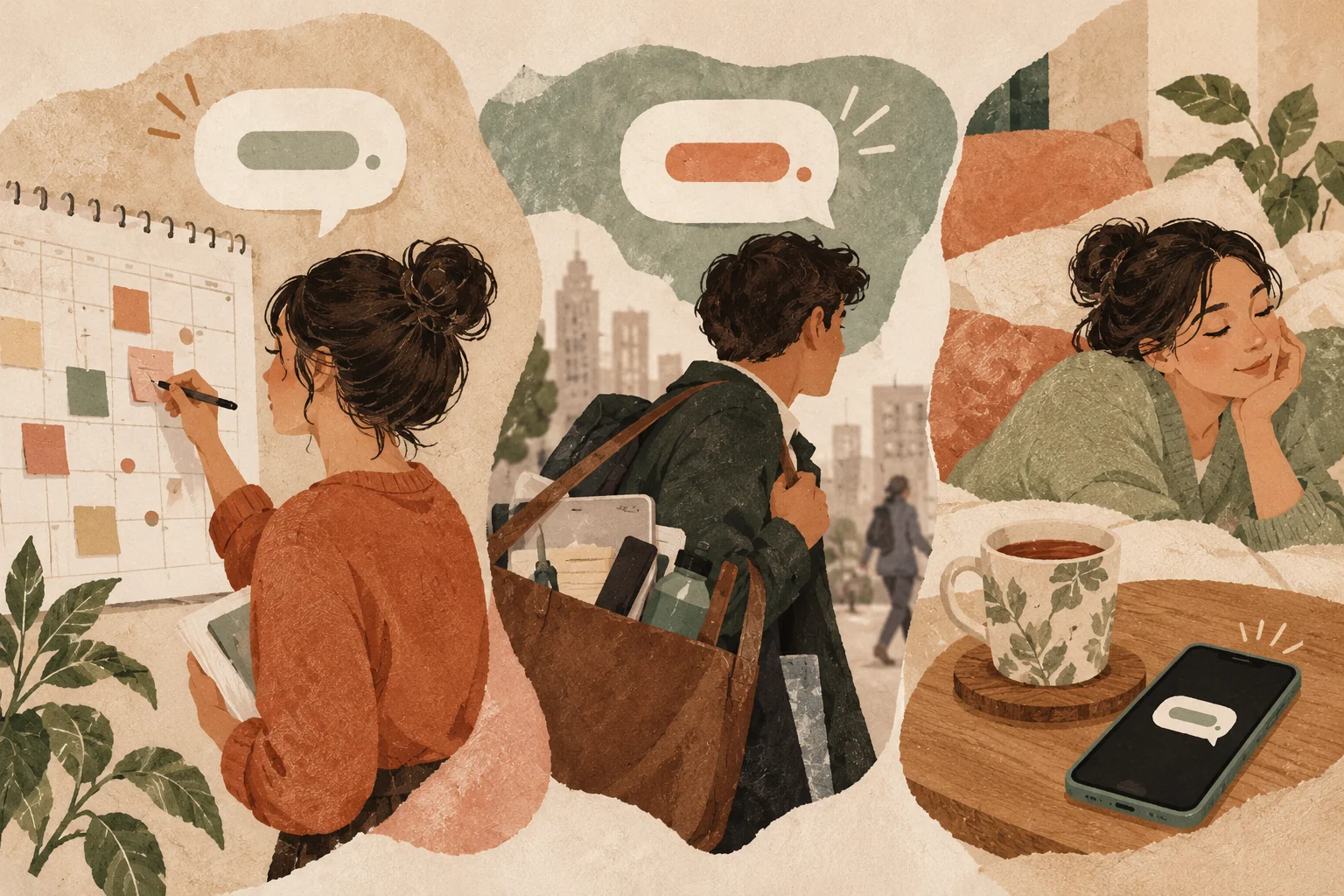 Illustration of a calendar and phone suggesting different contexts for a short reply