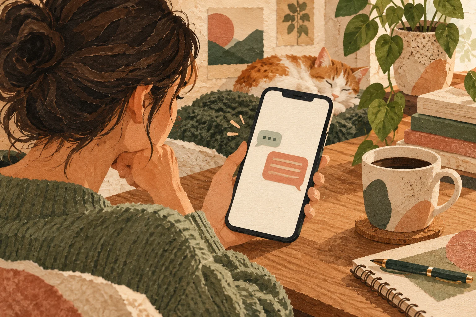 Illustration of a phone with short and longer message bubbles on a desk