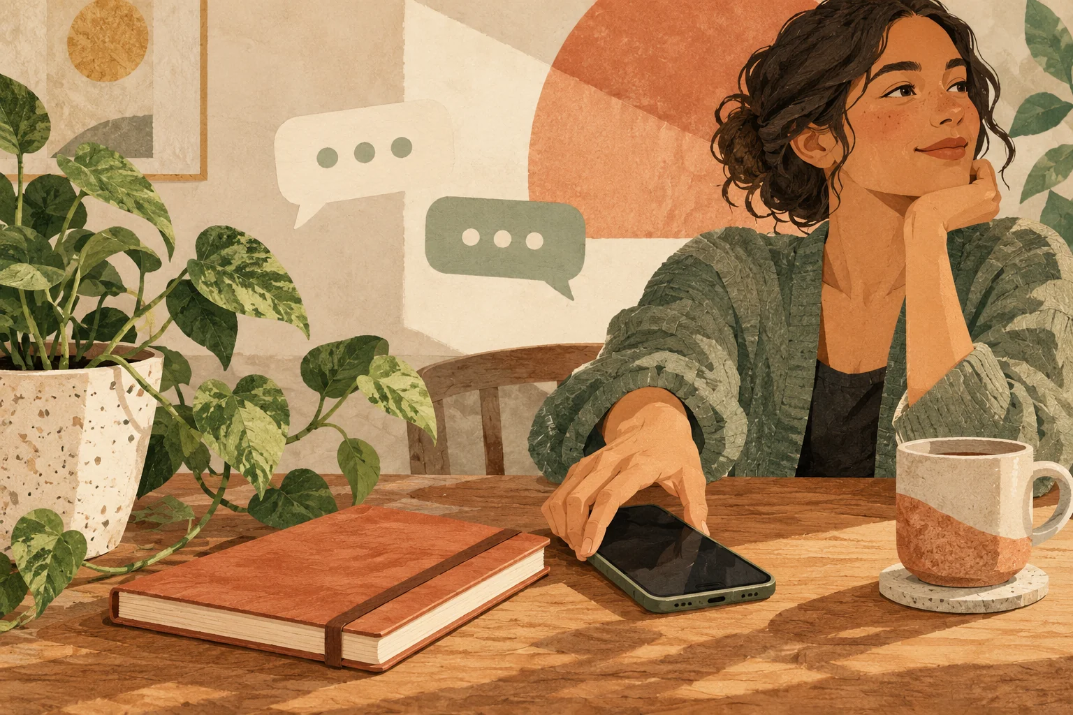 Illustration of a phone beside a closed journal and a plant