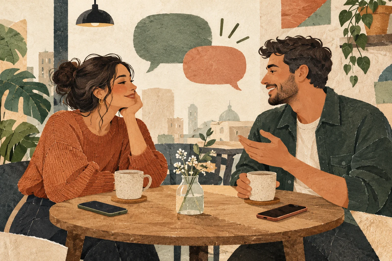 Illustration of two people talking over coffee with their phones set aside