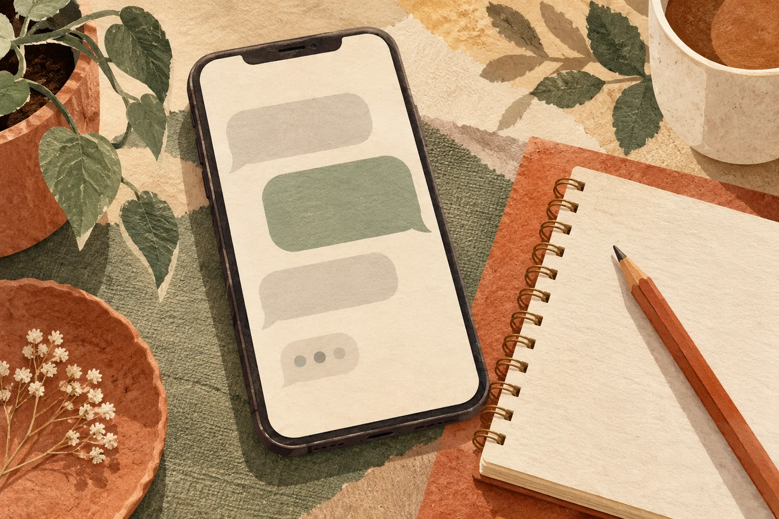 Illustration of a phone and a notebook for composing a thoughtful message