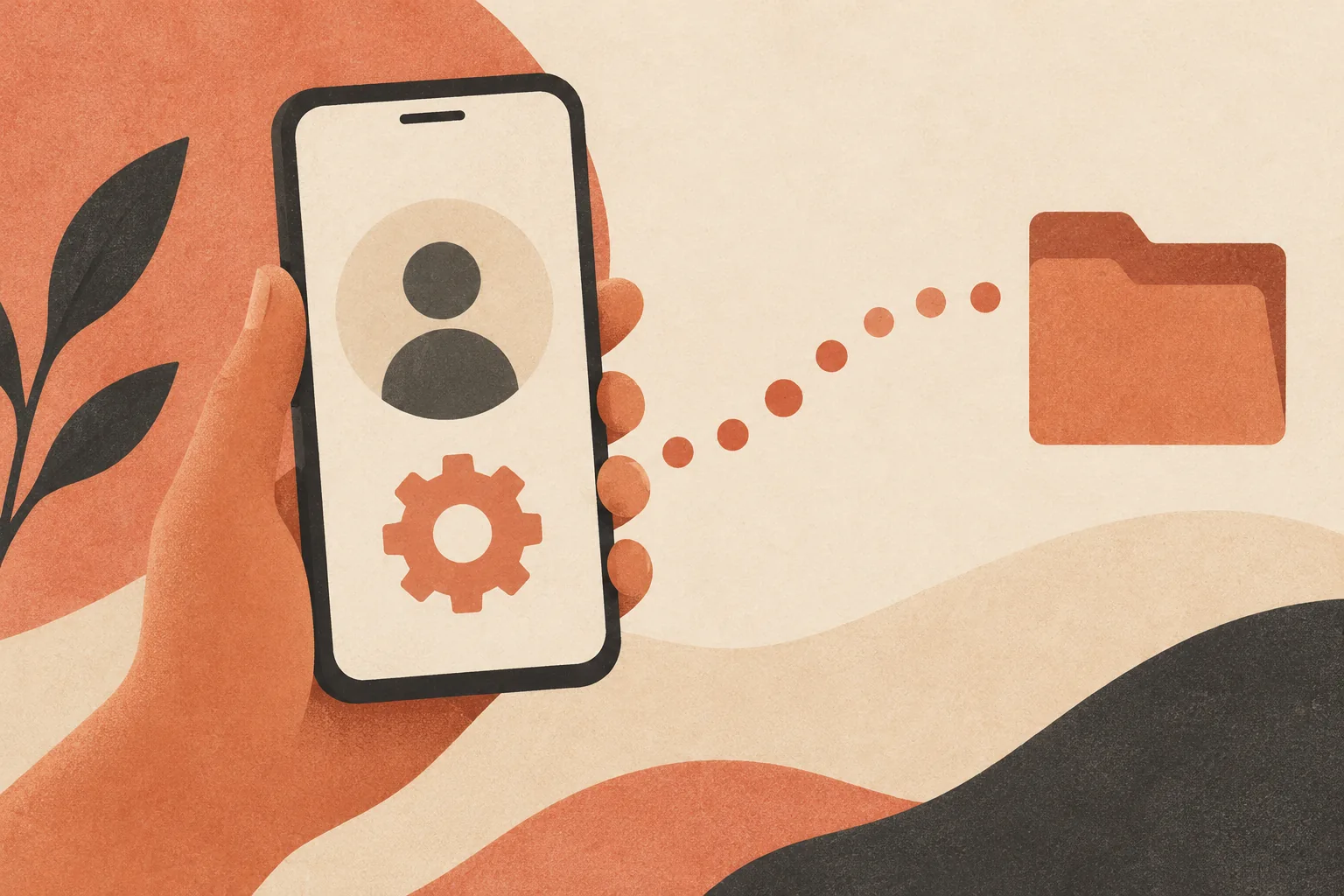 Illustration of a phone profile and settings symbol leading to an export folder