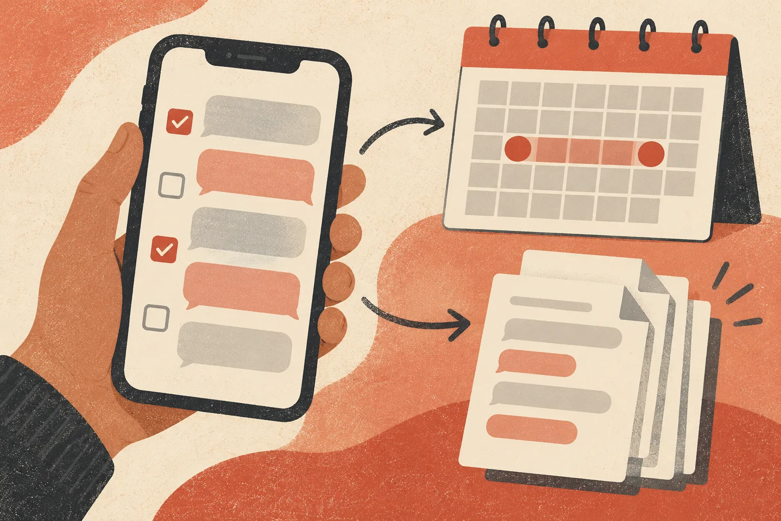 Illustration of a message selection, calendar and document stack