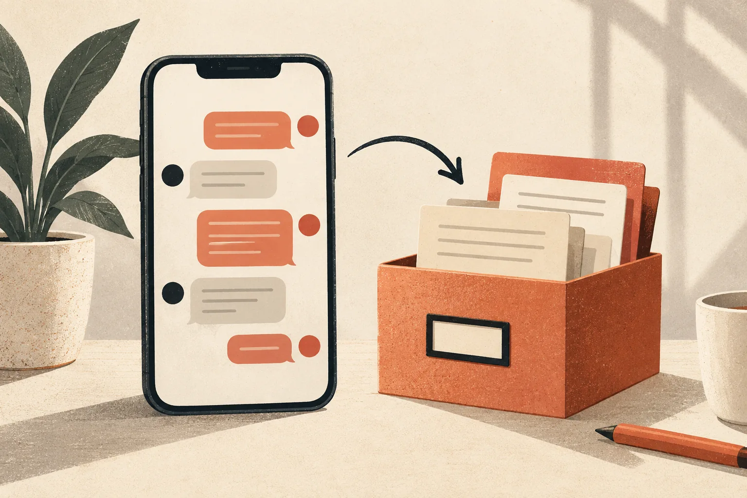 Illustration of a phone with chat bubbles beside a box of exported documents