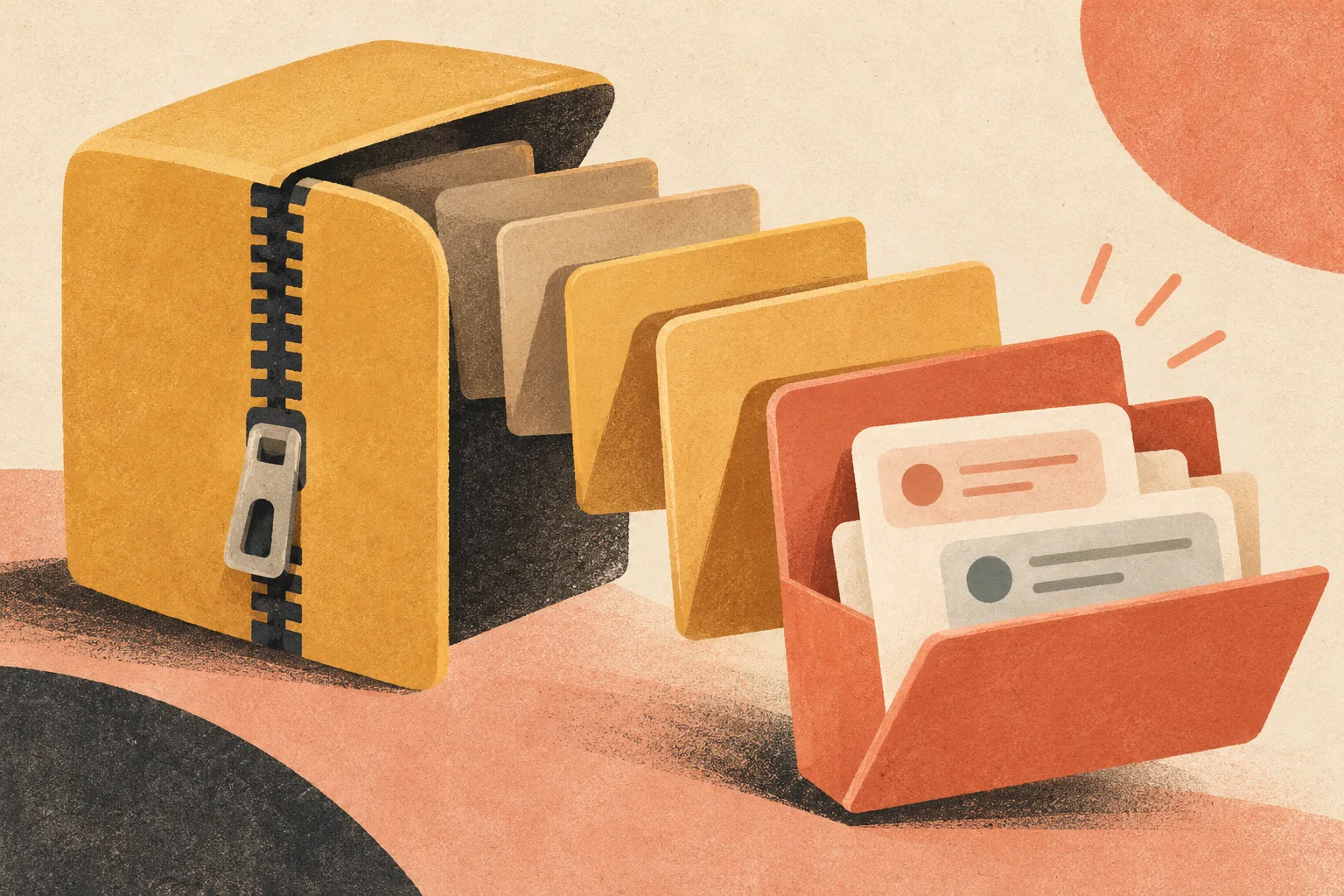 Illustration of a ZIP archive opening into folders containing chat documents