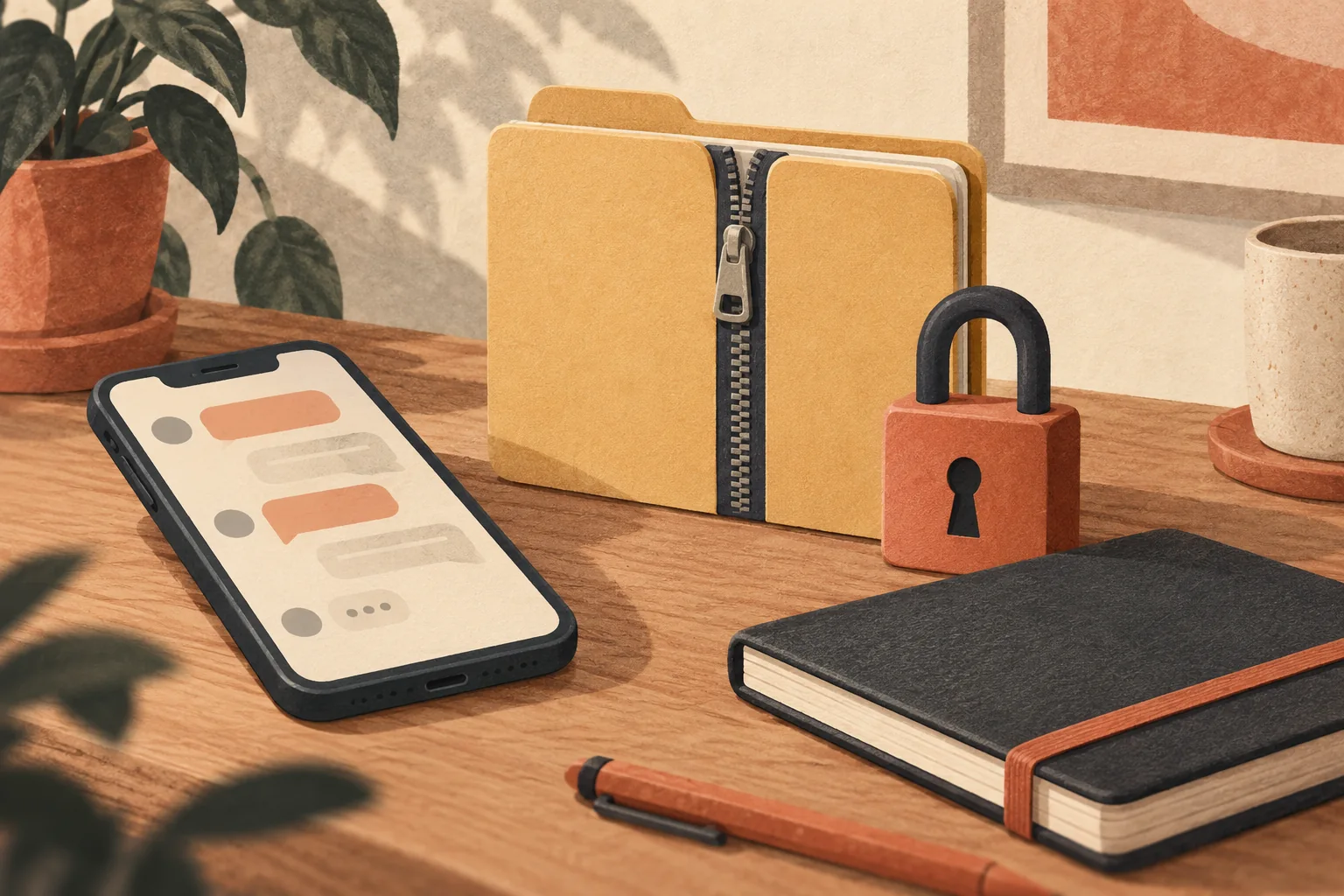 Illustration of a locked archive beside a phone and closed notebook