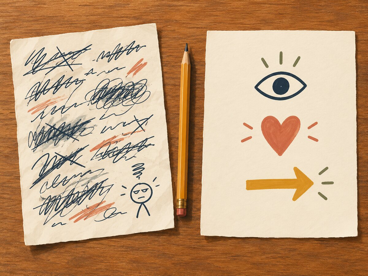 Illustration of an email draft being revised into a specific, neutral request