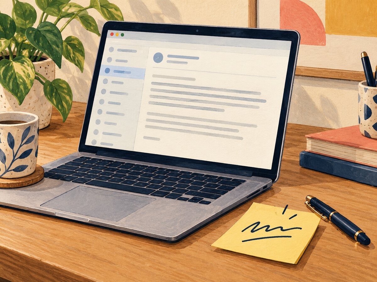 Illustration of an email draft on a laptop with a neutral office desk scene