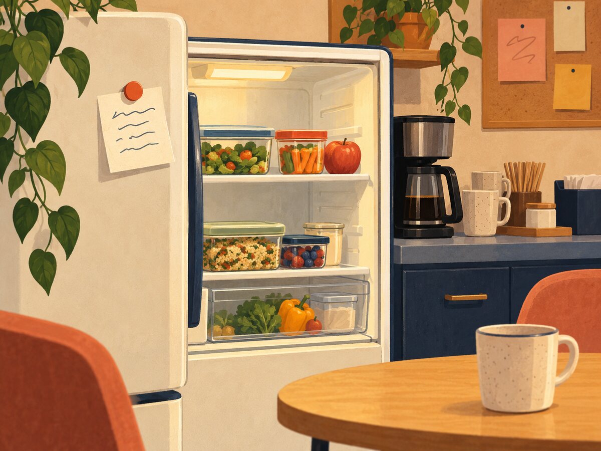 Illustration of a lunch container with an unsigned note on an office refrigerator