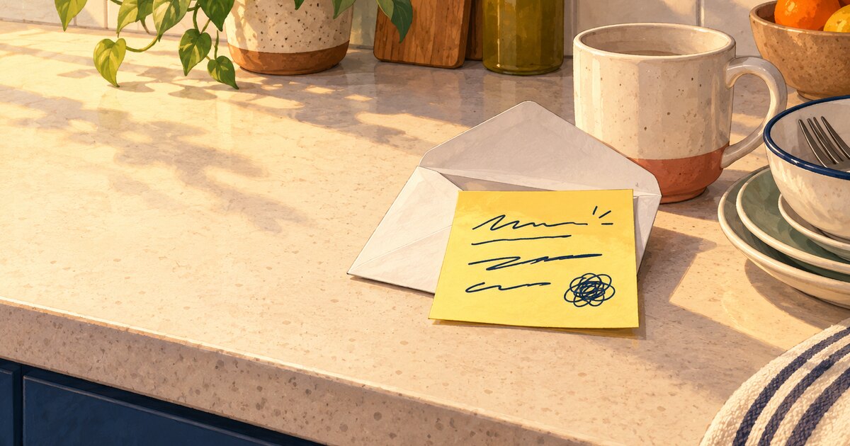 Illustrated yellow note and envelope on a shared kitchen counter, representing a passive-aggressive letter