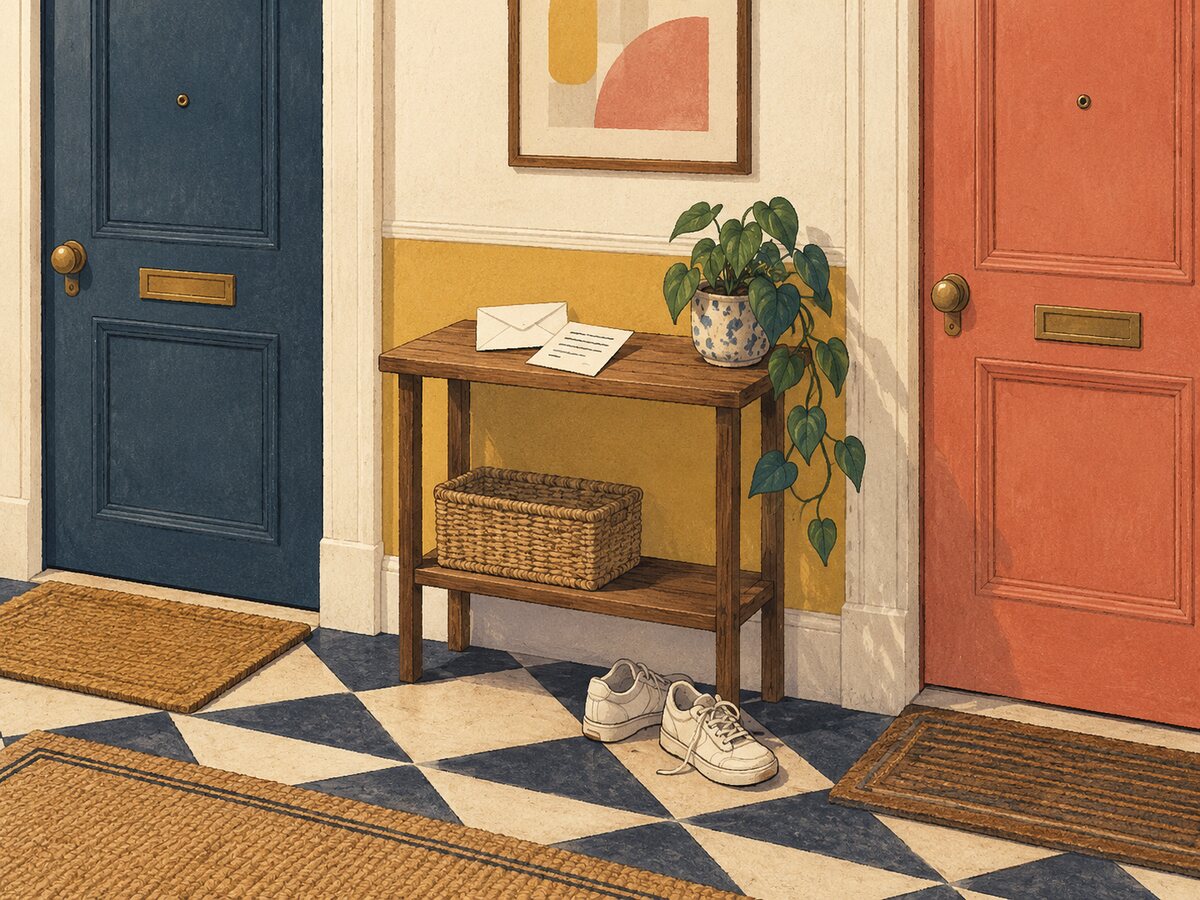 Illustration of a quiet apartment hallway with a note on a shared door