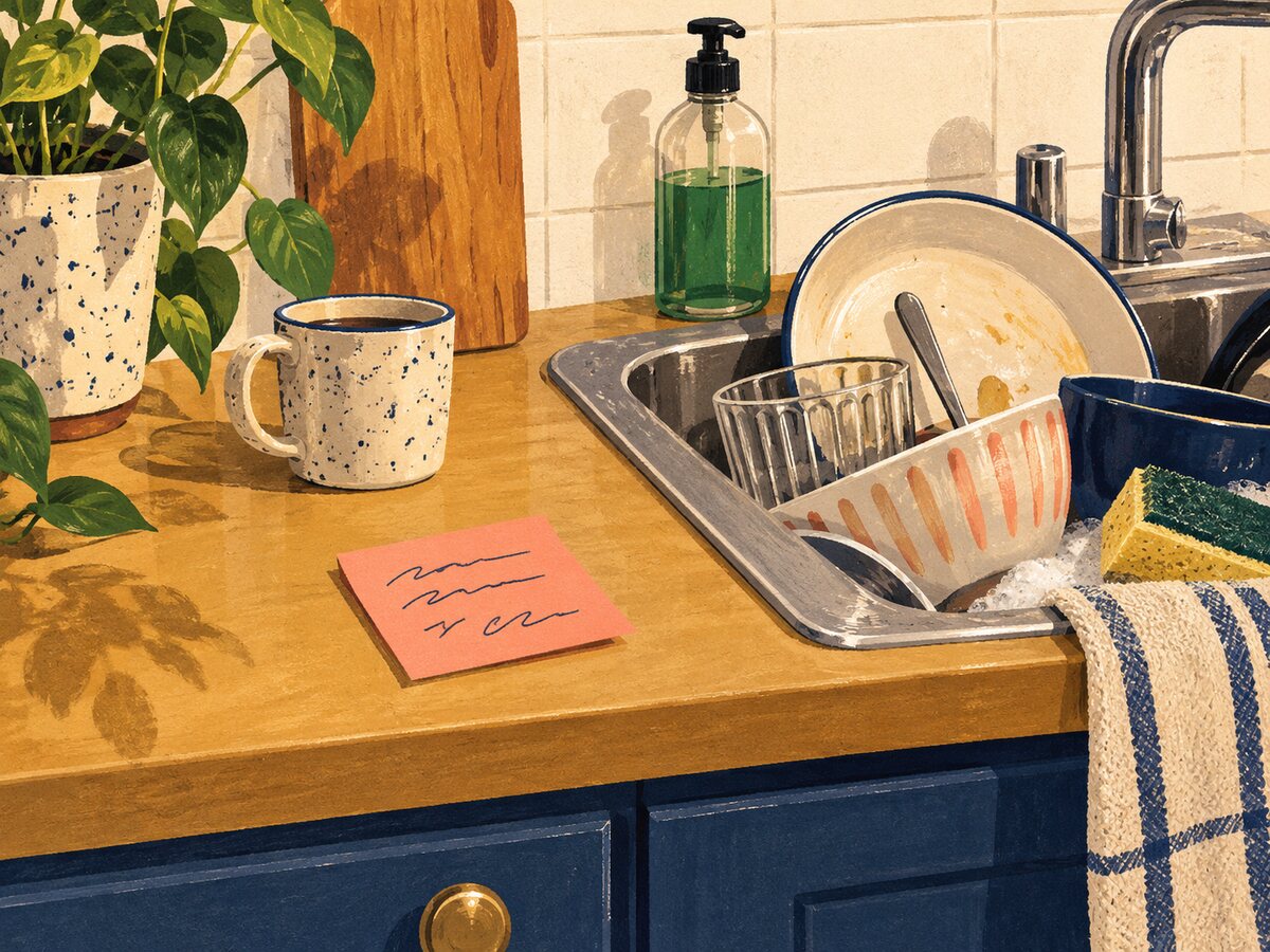 Illustration of an unwashed cup and a handwritten note beside a shared kitchen sink
