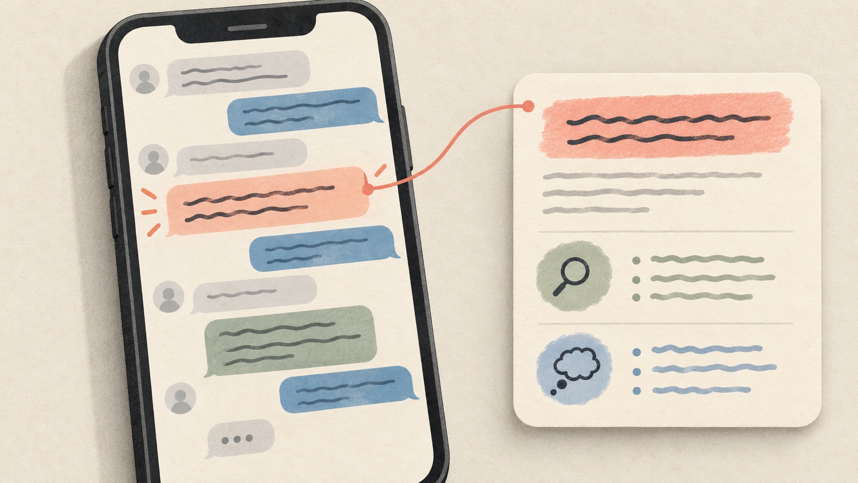 An unbranded phone conversation with one highlighted message connected to a separate note card, with surrounding messages still visible
