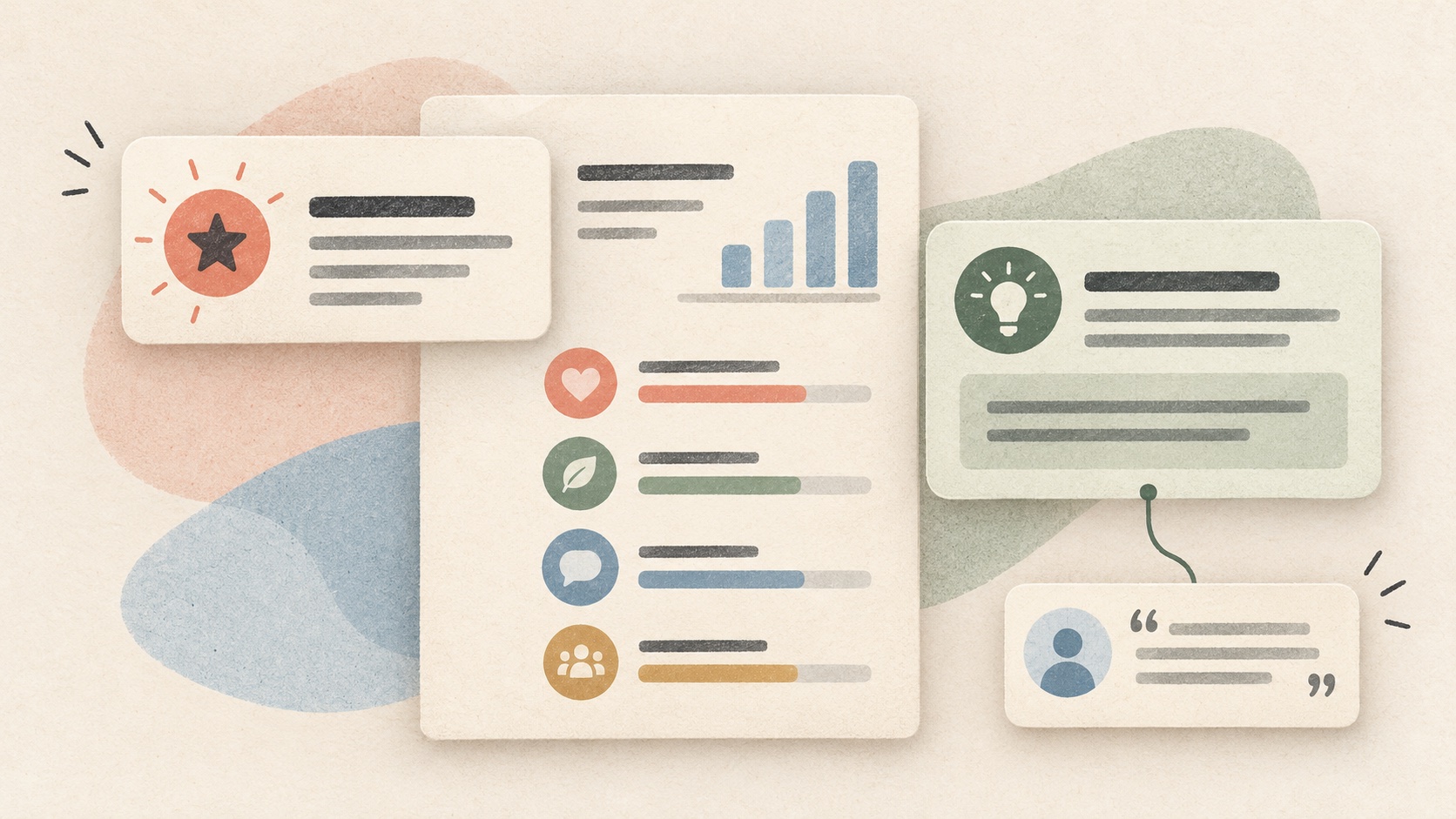 Illustration of a fictional report with separate verdict, score and finding cards linked to a short message excerpt