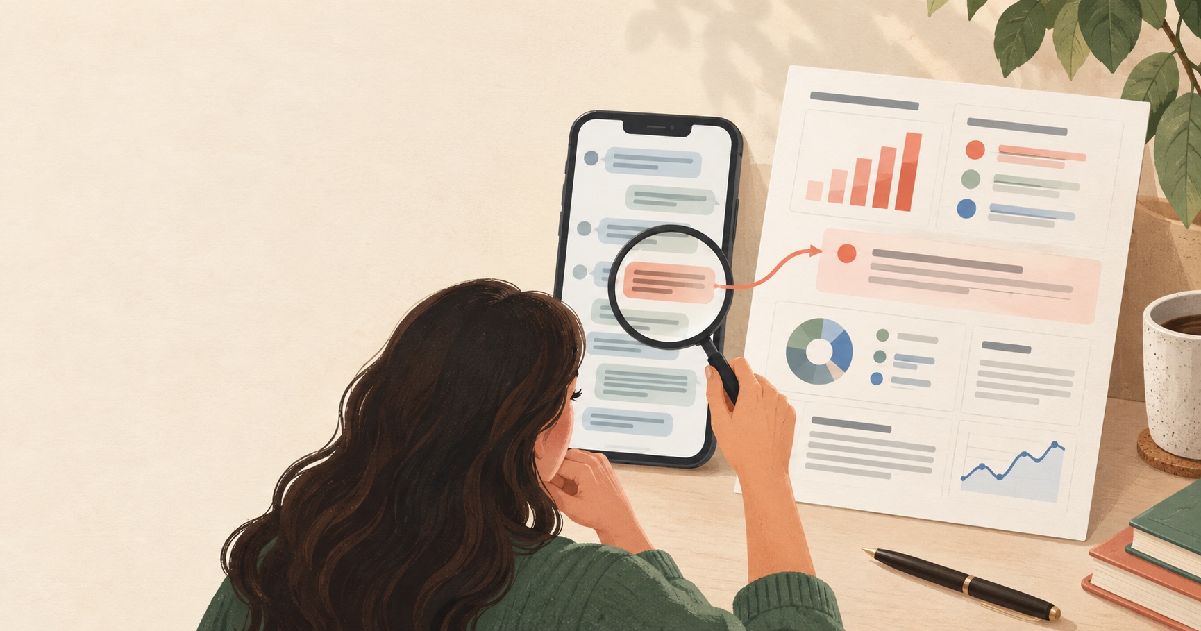A reader compares a fictional chat excerpt with a structured report, using a magnifying glass to connect the two