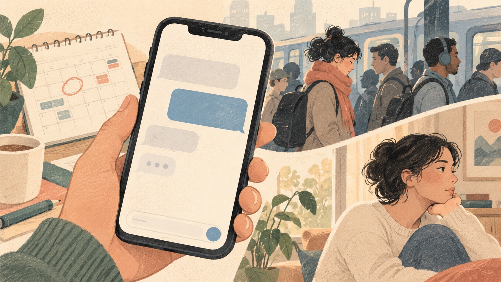 A phone showing an abstract message while a calendar, commute and quiet room remain outside the screen