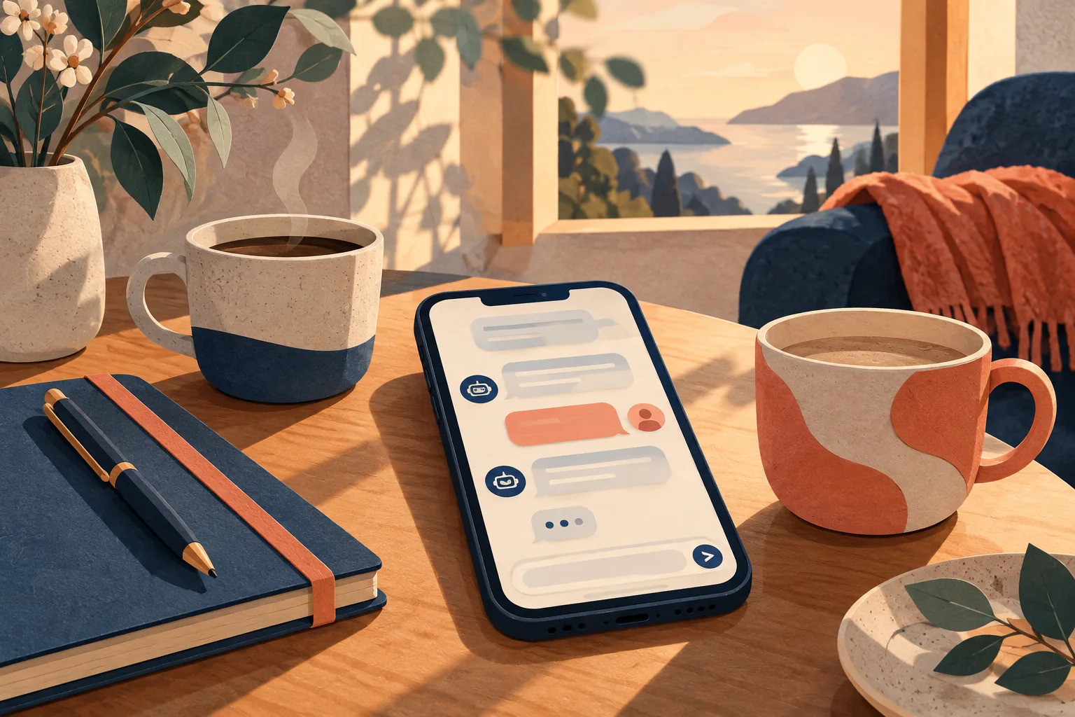 Phone with abstract chat bubbles beside a notebook and two cups