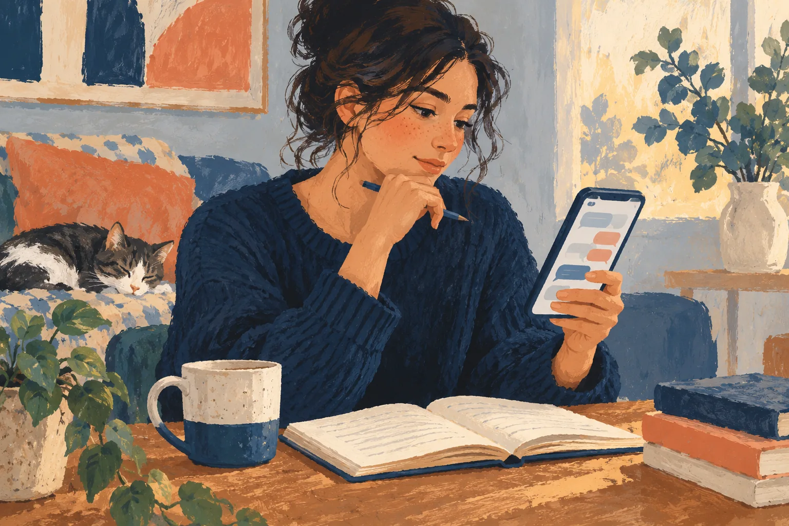 Person reviewing abstract messages on a phone beside an open notebook
