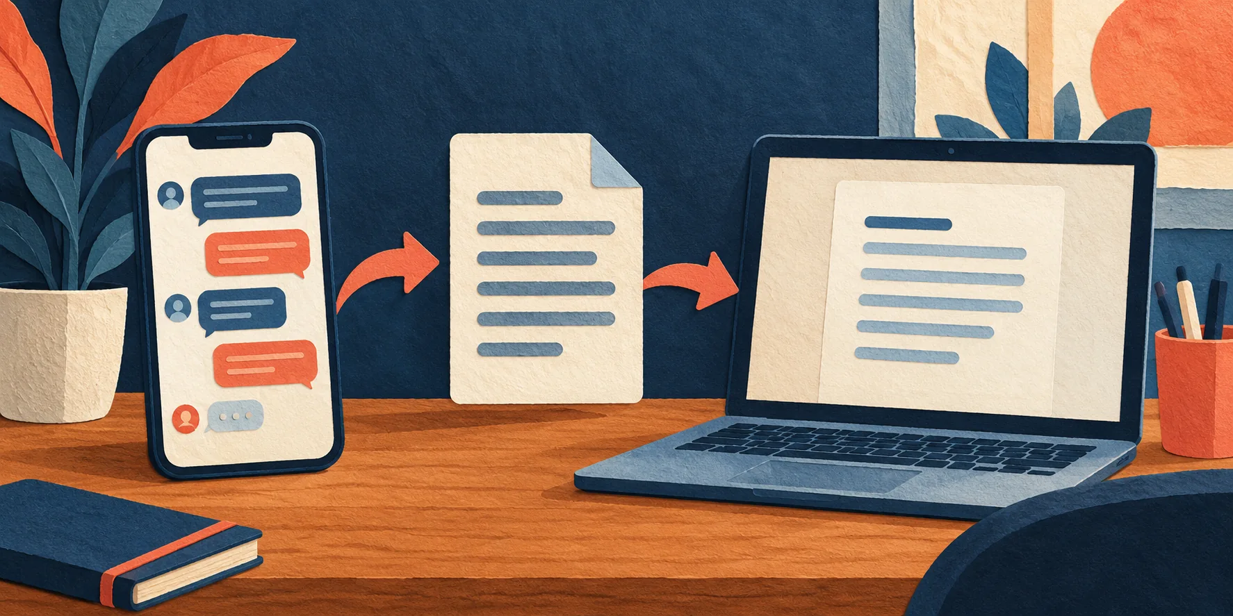 Phone, document and laptop arranged to illustrate a chat export workflow