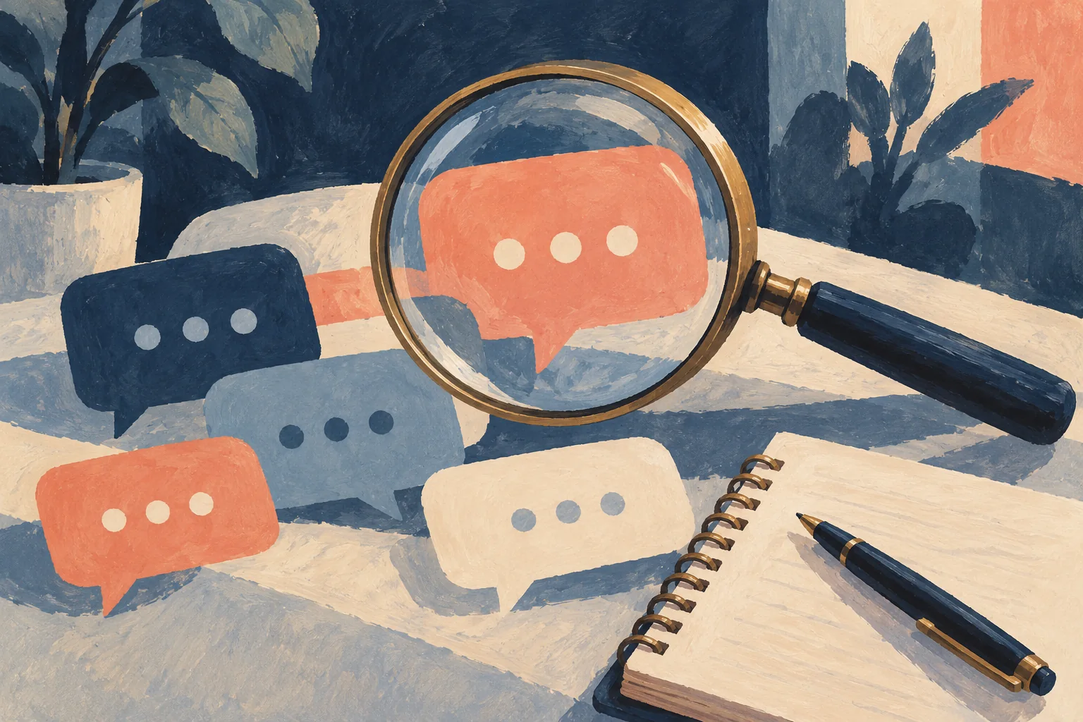 Magnifying glass over abstract message bubbles and a notebook