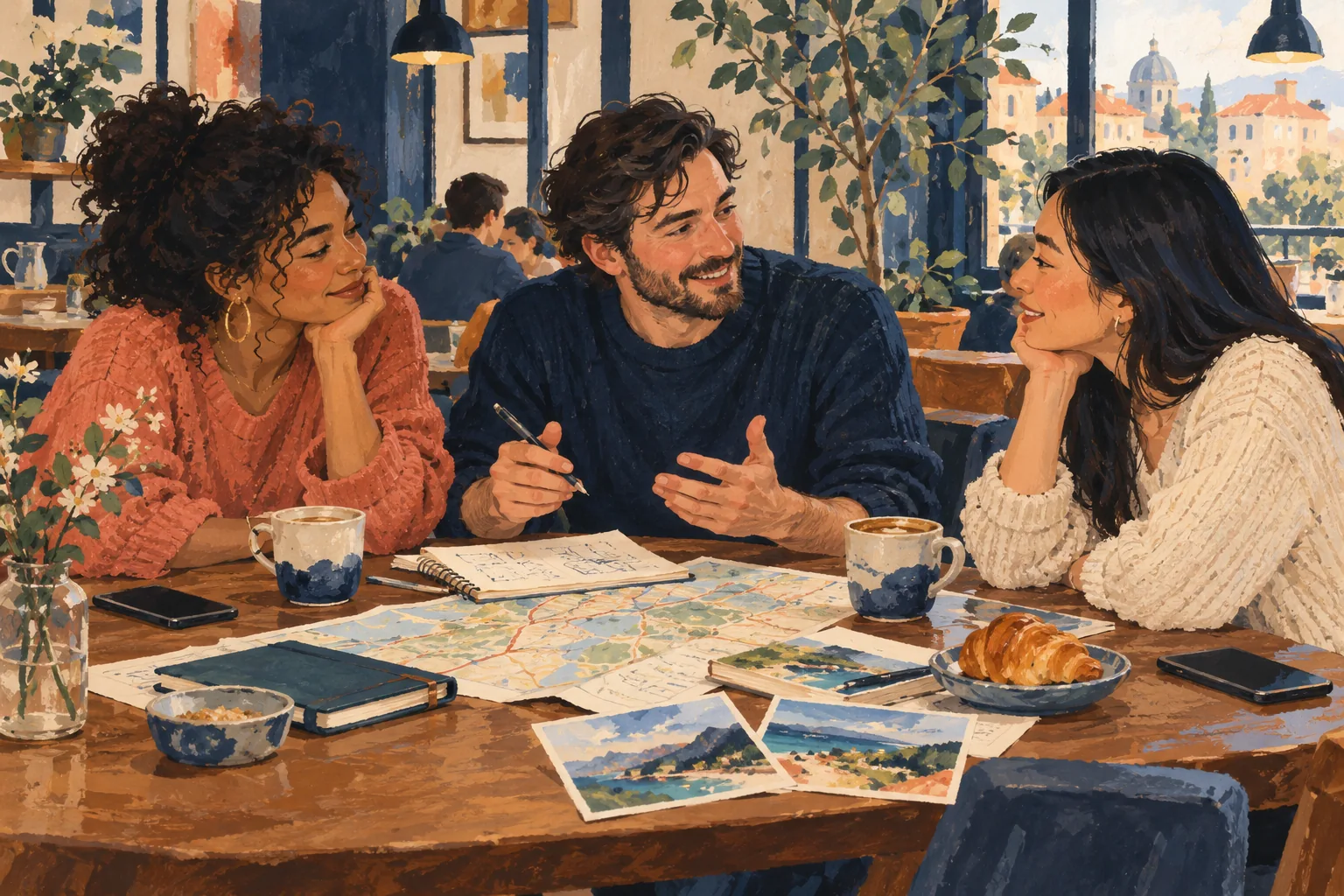 Three friends talking around a cafe table with their phones set aside