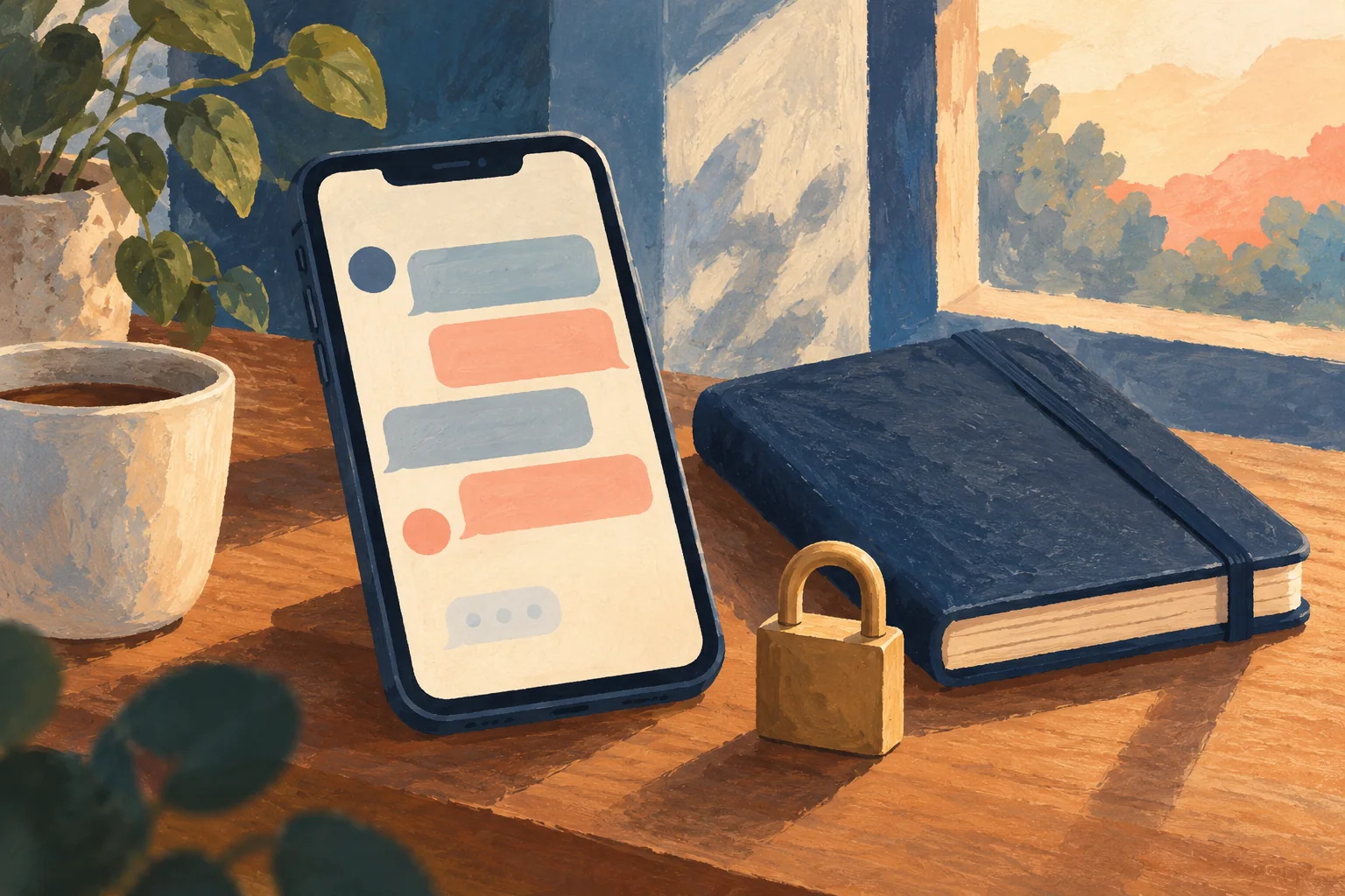 Phone with abstract chat bubbles beside a closed notebook and a padlock