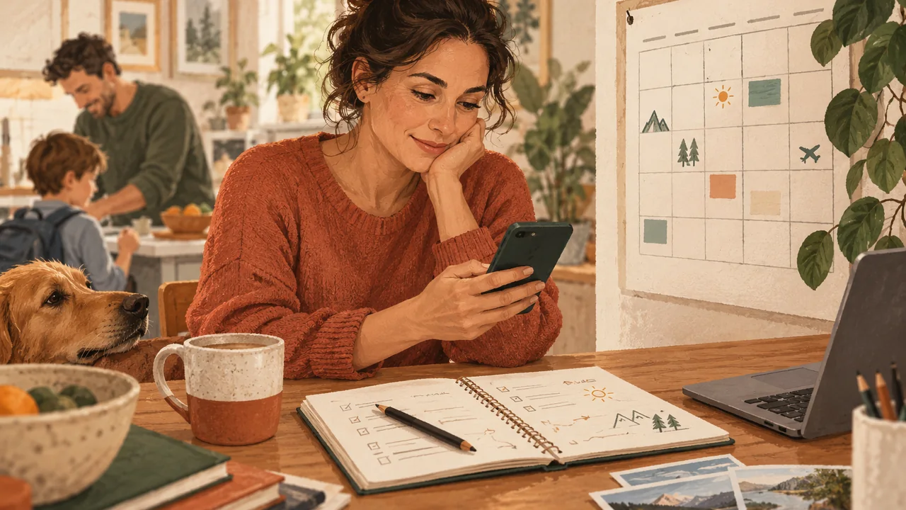 A family member reviews a group chat beside a calendar