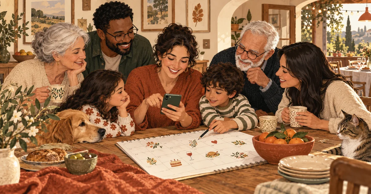 Family members plan a gathering together around a phone and calendar